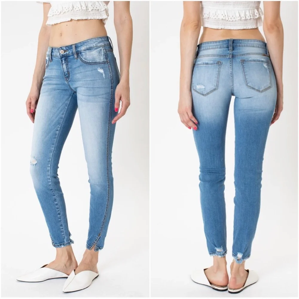 Kancan Medium Wash Distressed ankle split Skinny Denim Jeans - Picture 3 of 3